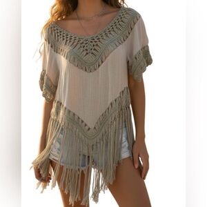 Gypsy Rose Crochet Fringe Top M Festival Hippie Y2K Sheer Cottage Macrame Boho